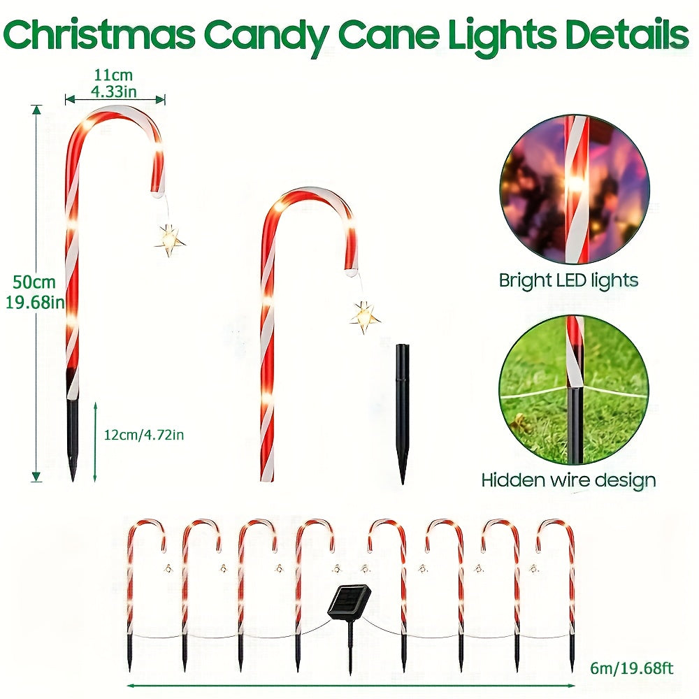 Solar Candy Cane Pathway Lights, 12-Piece Set with 48 Total LEDs, Eight Lighting Modes and Ground Stakes for Christmas Lawn, Garden and Front Yard Displays