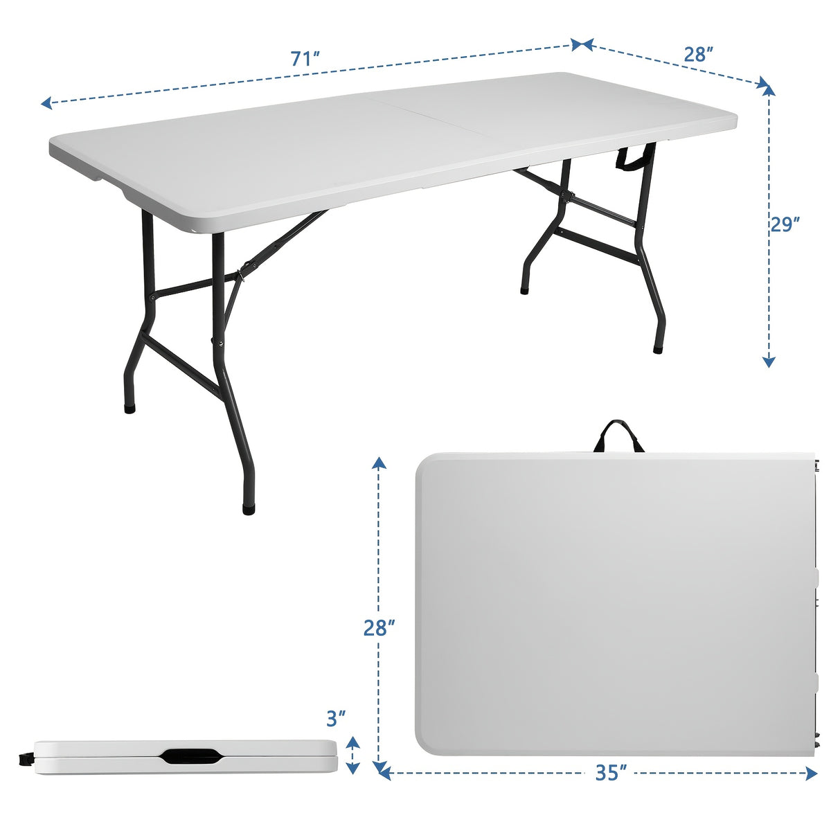 White Plastic Folding Table with Rectangular Center-Fold Design and Carrying Handle, Portable Dining and Serving Surface for Picnics and Backyard Gatherings