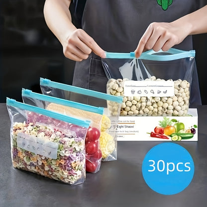 Reusable Zipper Food Storage Bags for Fresh Produce, Fruit and Kitchen Organization, with Small, Medium, Large and 20 or 30-Piece Selection Labels