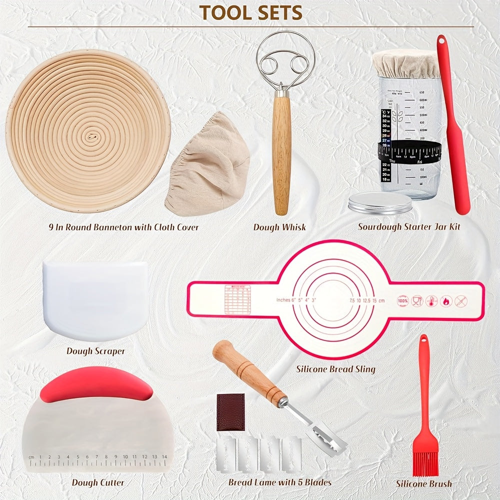 Sourdough Bread Baking Kit with 9-Inch Round Banneton Proofing Basket and Glass Starter Jar, Home Fermentation Supplies for Artisan Bread Making and Baker Gifts