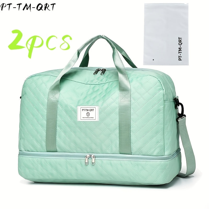 Quilted Travel Tote Bag Set with Detachable Crossbody Strap and Compartment Storage, Woven Fabric Handbag for Gym and Short Trips, 2 or 3-Piece Options