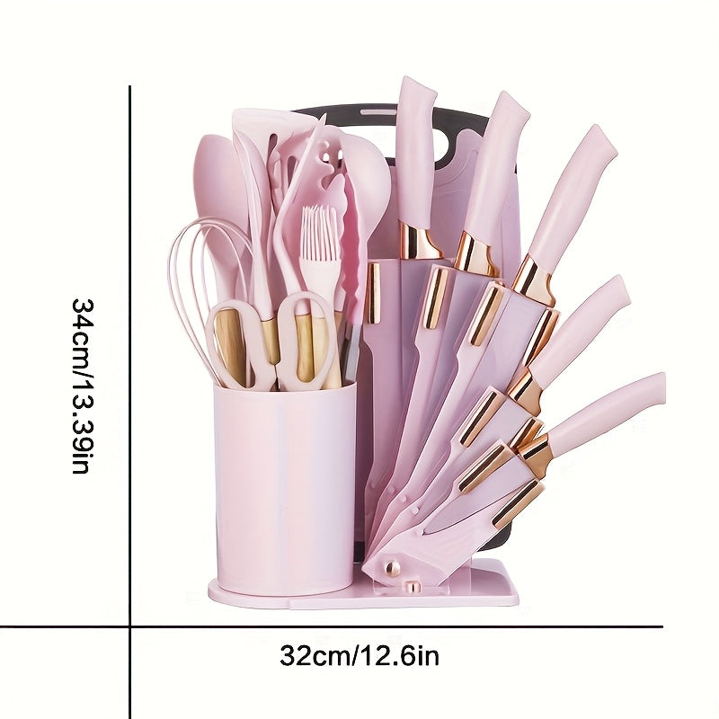 Cooking Utensil and Knife Set for Home Kitchen Preparation, Multiple Color Choices with Selected Pink or Black Square-Barrel and Gift Box Options