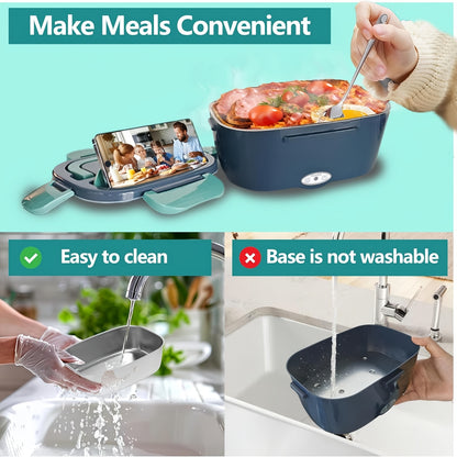 Electric Heated Lunch Box, 3-in-1 Portable Food Warmer with 304 Stainless Steel Container, 12V/24V Vehicle and 120V Home Power, Blue for Work and Travel