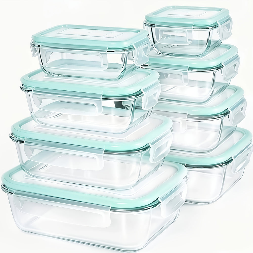 Glass Food Storage Containers for Bento Lunch Portions and Everyday Meal Prep, Listed Eight-Piece Kitchen Organization Set in Pink, Gray, Blue or Green