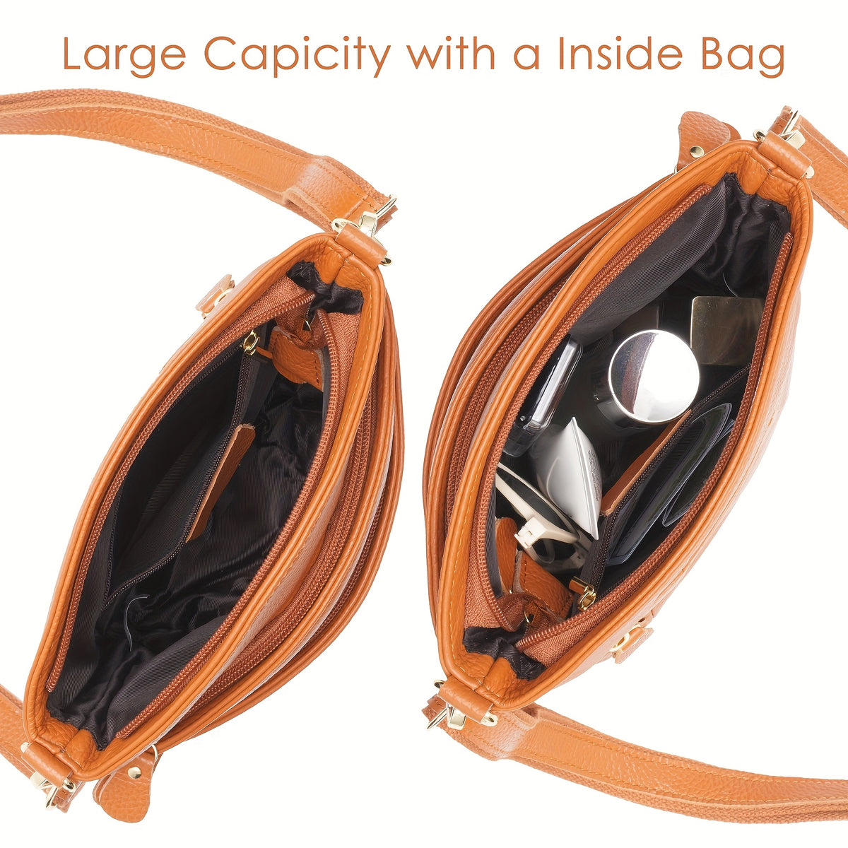 Leather Organizer Crossbody Bag with Listed Smartphone Pockets, Everyday Handbag Purse in Thirteen Color and Style Options for Errands and Travel