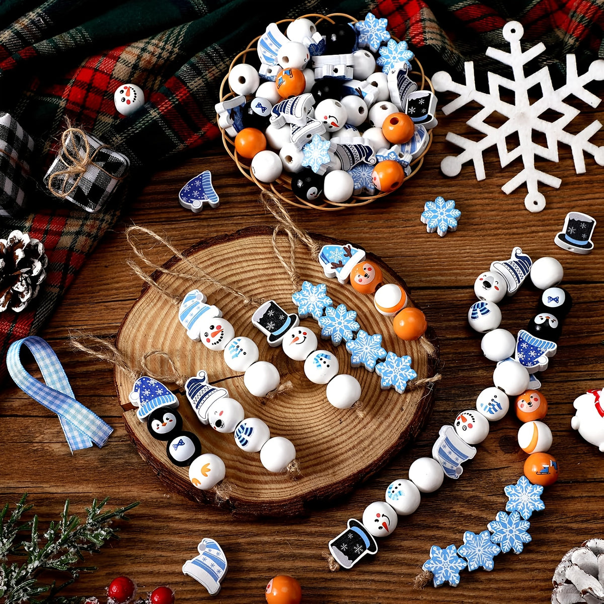 100pcs Winter Snowman Polar Bear Penguin Reindeer Wooden Beads - Round Wood Craft Beads Suitable for DIY Ornaments, Christmas Wreaths, Farmhouse Decorations, Holiday Crafts with Snowman, Reindeer, Penguin Shapes for Party Decorations