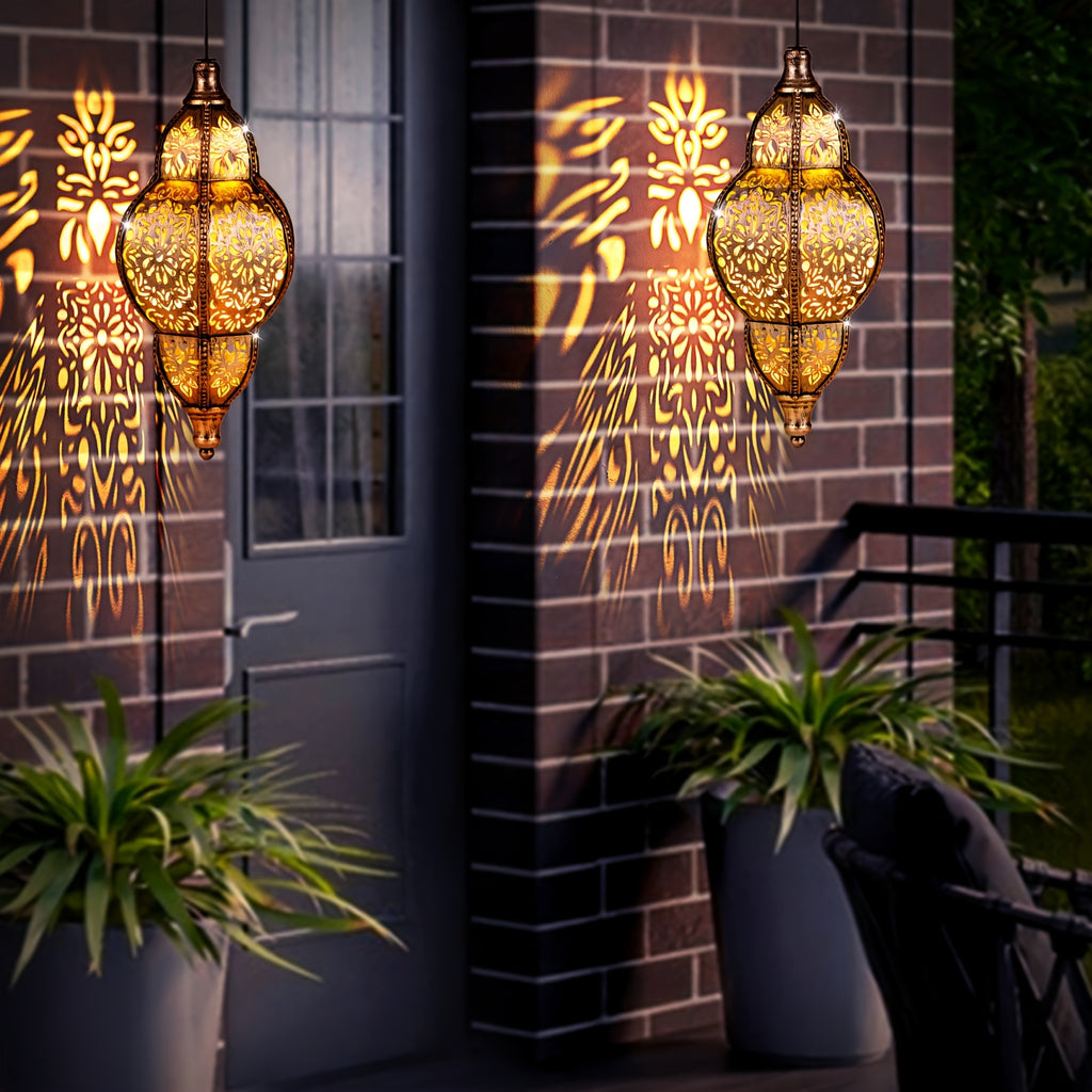 Solar Pendant Lantern in Copper Color with Listed Hollow-Out Iron Design and 27.17-Inch Size Wording for Decorative Patio, Garden, Deck and Porch Displays