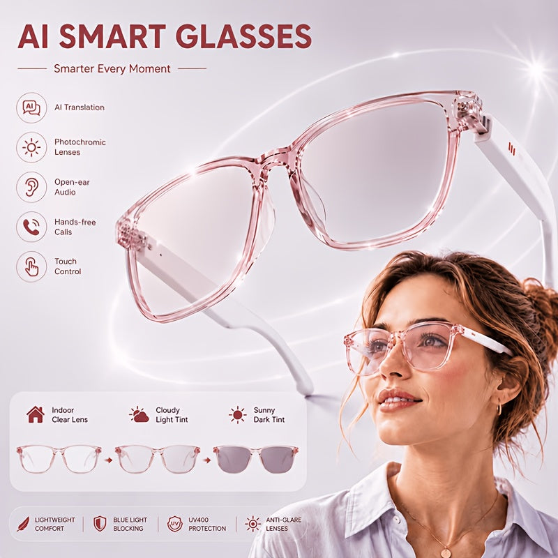 Voice and Video Translation Smart Glasses, Listed 160+ Language AI Audio Eyewear with Built-In Microphones and Speakers for Calls, Travel and Work