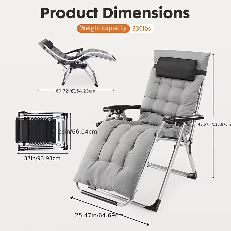 Single Zero Gravity Patio Chair with Removable Cushion and Cup Holder Tray, Foldable Outdoor Recliner in Black or Gray for Beach and Poolside Relaxation