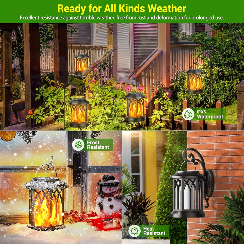Flickering Flame Solar Hanging Lanterns, Black or Bronze 2-Pack and 4-Pack with Automatic On and Off and Listed IPX5 Rating for Garden and Patio Decor
