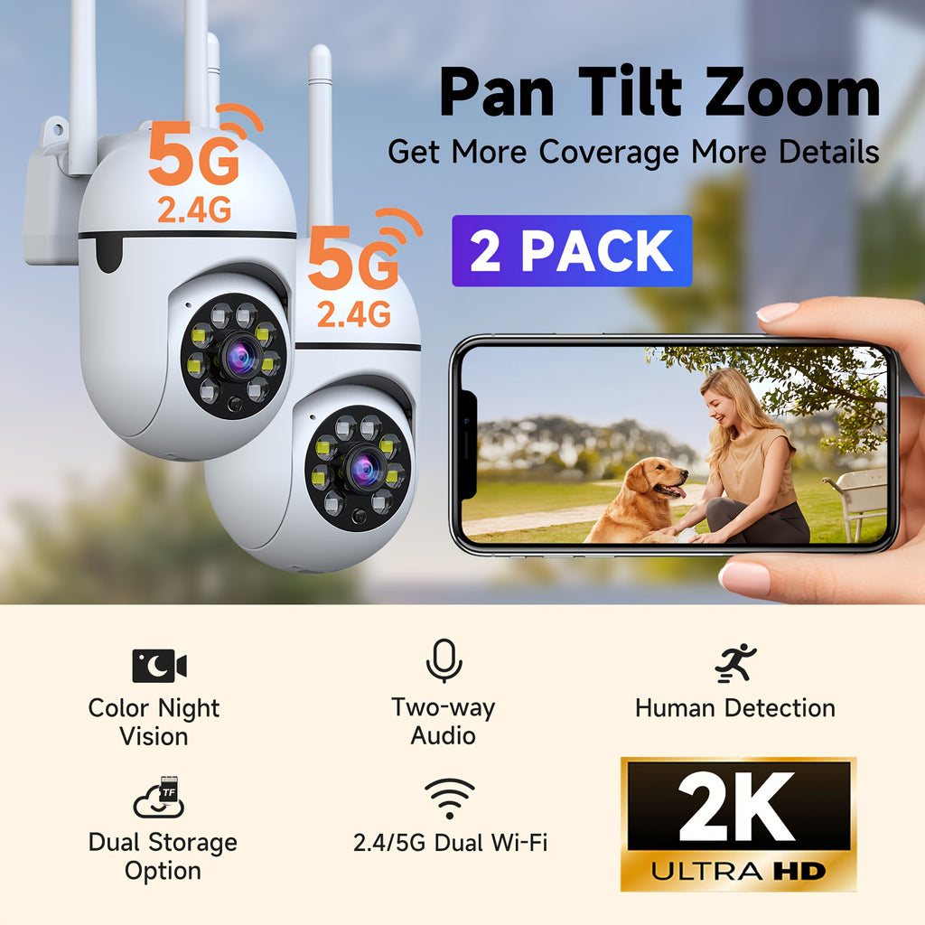 2K Security Camera 2-Pack, 5G Dual-Band WiFi Cameras with 355° Pan & Tilt, 2K QHD, AI Motion Detection & Tracking, Color Night Vision, Two-Way Audio, 256GB SD & Cloud, Festival Gift