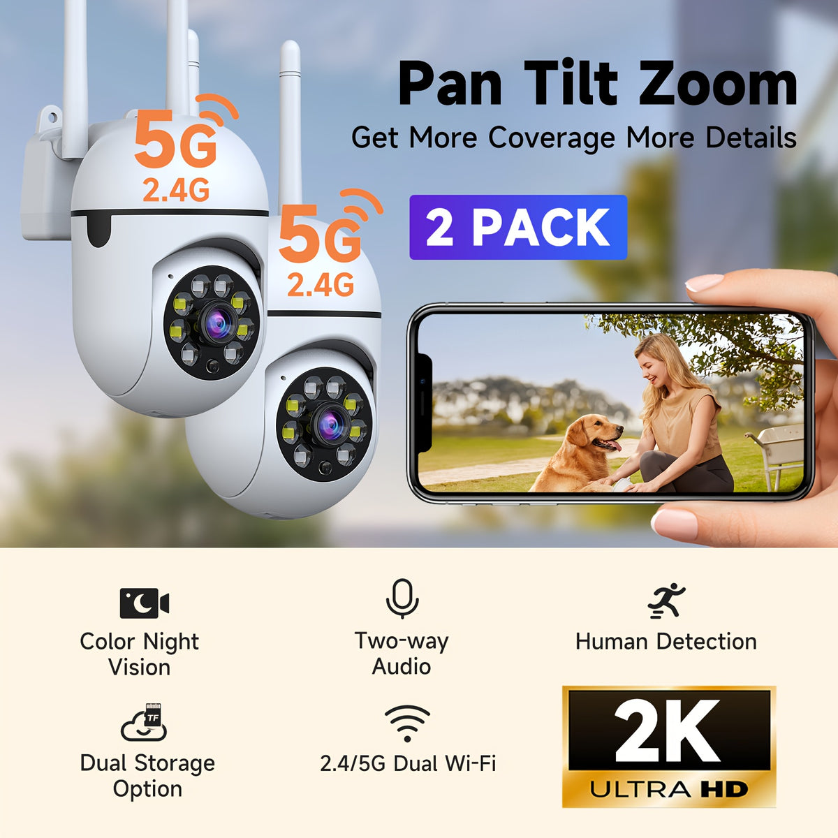 2K Security Camera 2-Pack, 5G Dual-Band WiFi Cameras with 355° Pan & Tilt, 2K QHD, AI Motion Detection & Tracking, Color Night Vision, Two-Way Audio, 256GB SD & Cloud, Festival Gift
