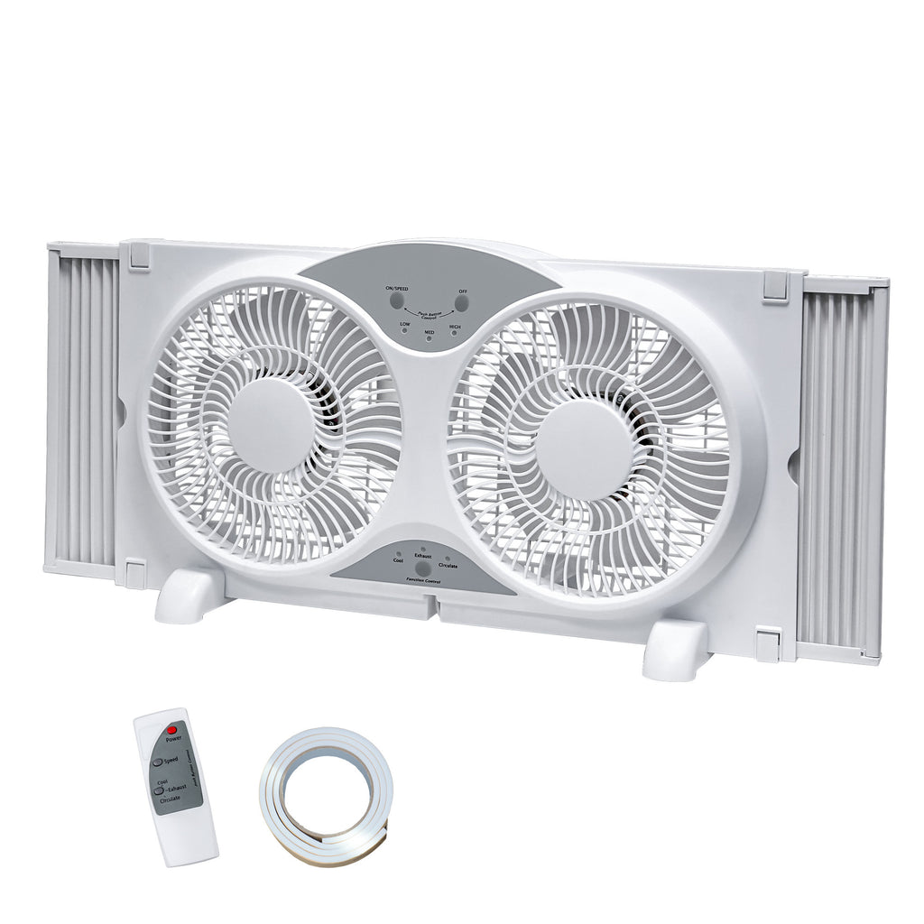 Twin Window Fan with 9-Inch Design, Reversible Airflow and Three Speeds, Listed 23.8-37 Inch Expandable Width with Remote or Timer Options for Home Bedrooms