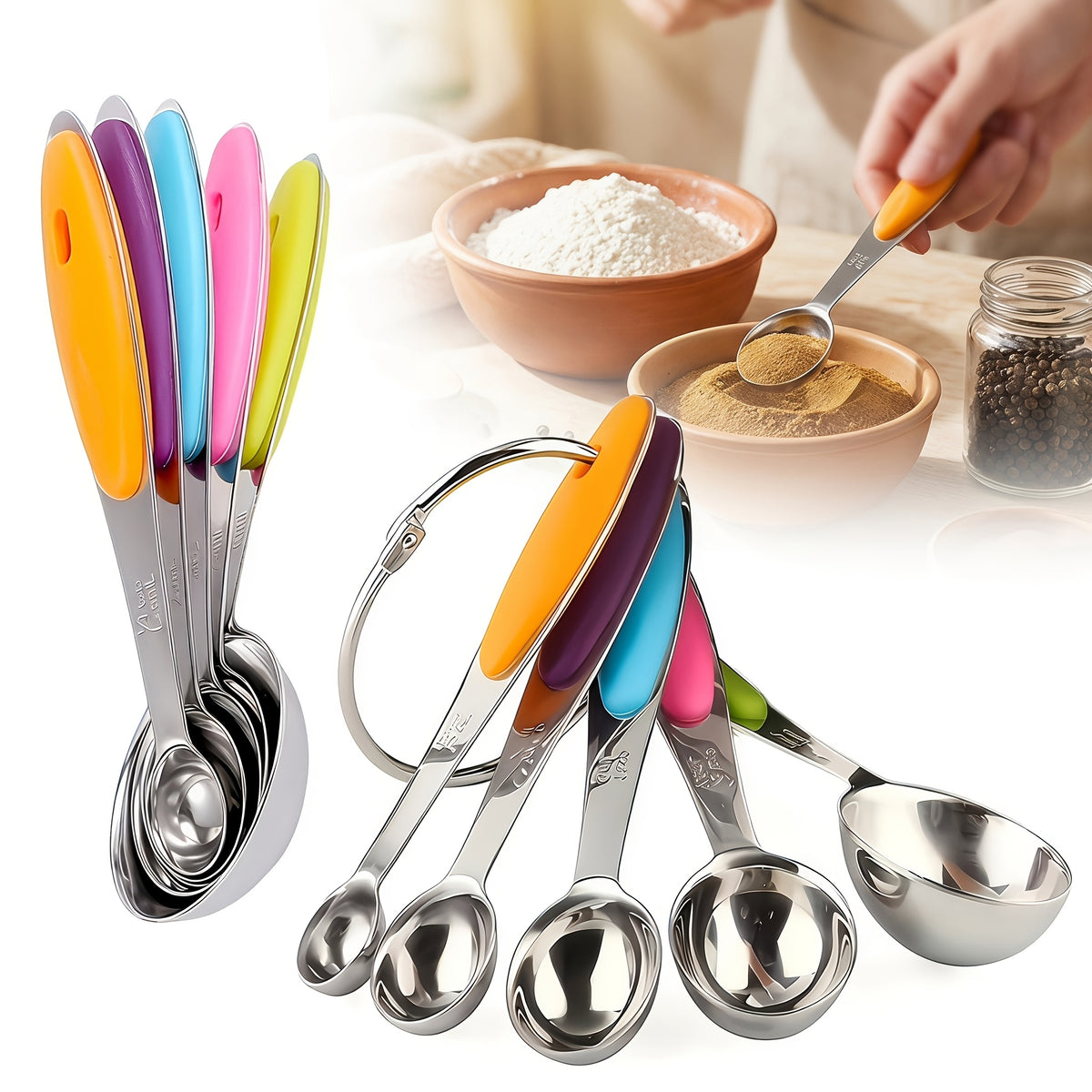 Measuring Spoons with Spare Silicone Handles, Five Stainless Steel Spoons Plus Five Replacement Handles in a 10-Piece Kitchen Cooking and Baking Set
