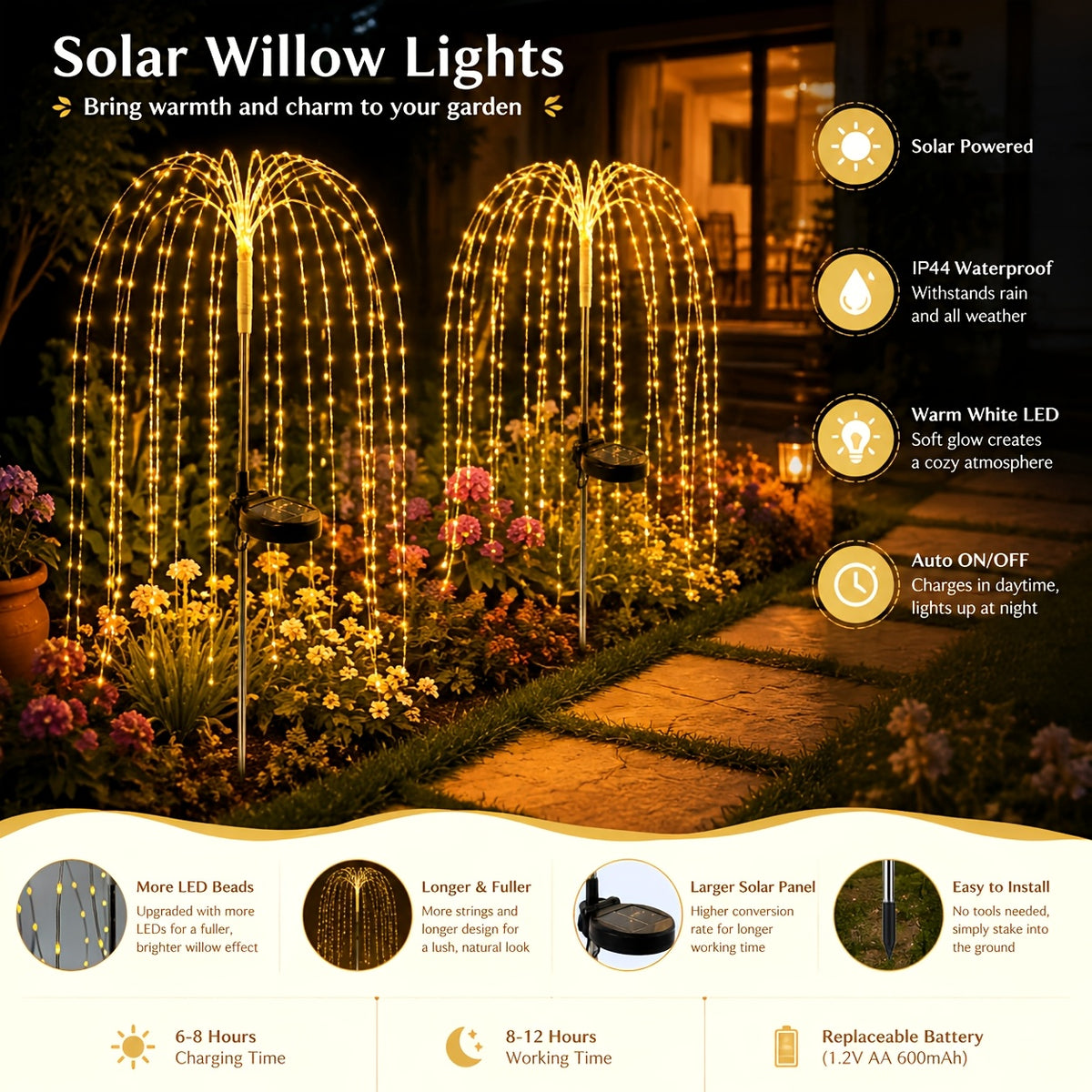 Solar Willow Branch Lights, 2-Piece LED Garden Decor with 100 LEDs and 8 Twinkling Modes for Patios, Courtyards, Pathways, Weddings and Holiday Displays