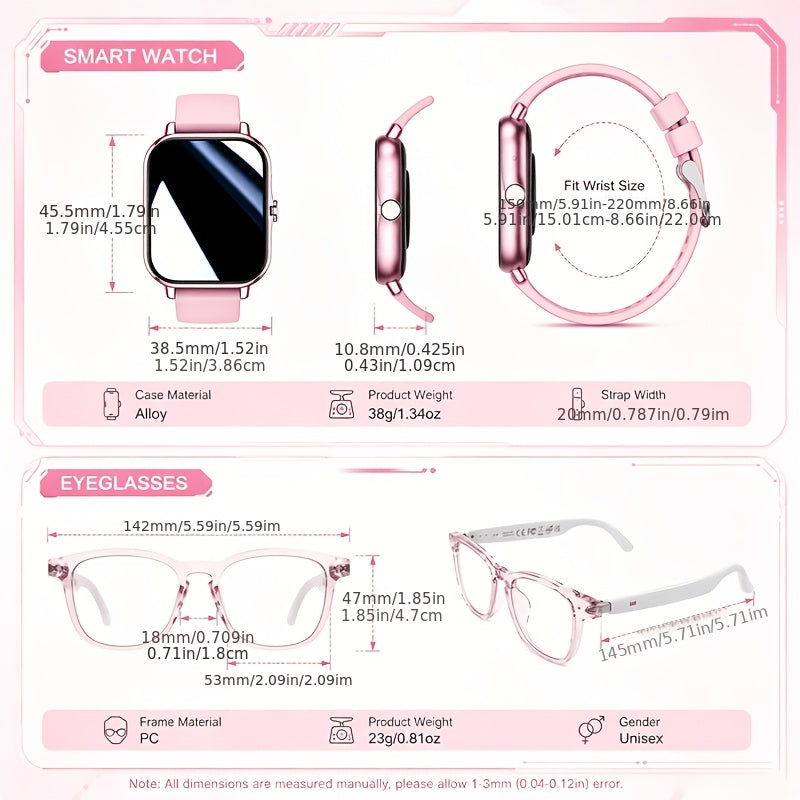 Photochromic Smart Glasses and Smartwatch Combo with Listed Real-Time Translation and Full-Touch Sports Watch, Ordinary or High-End Style Options for Men and Women