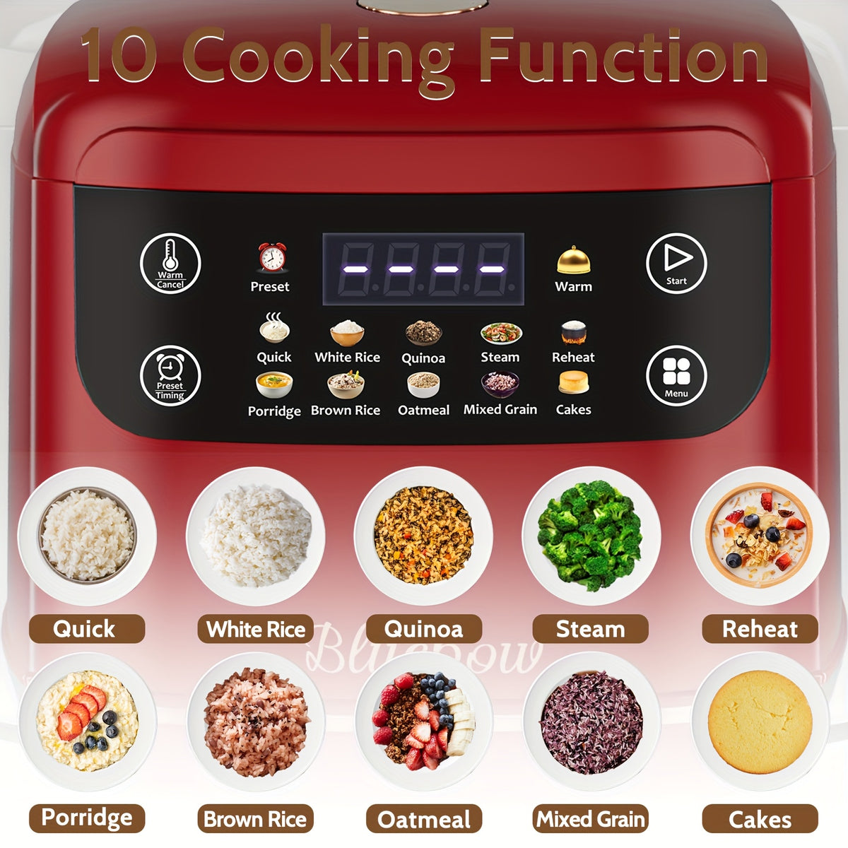 Mini Digital Rice Cooker with Listed 67.63 Oz Capacity, Ten-in-One Presets, Touchscreen and Nonstick Inner Pot with Delay and Keep Warm in Red or White Options