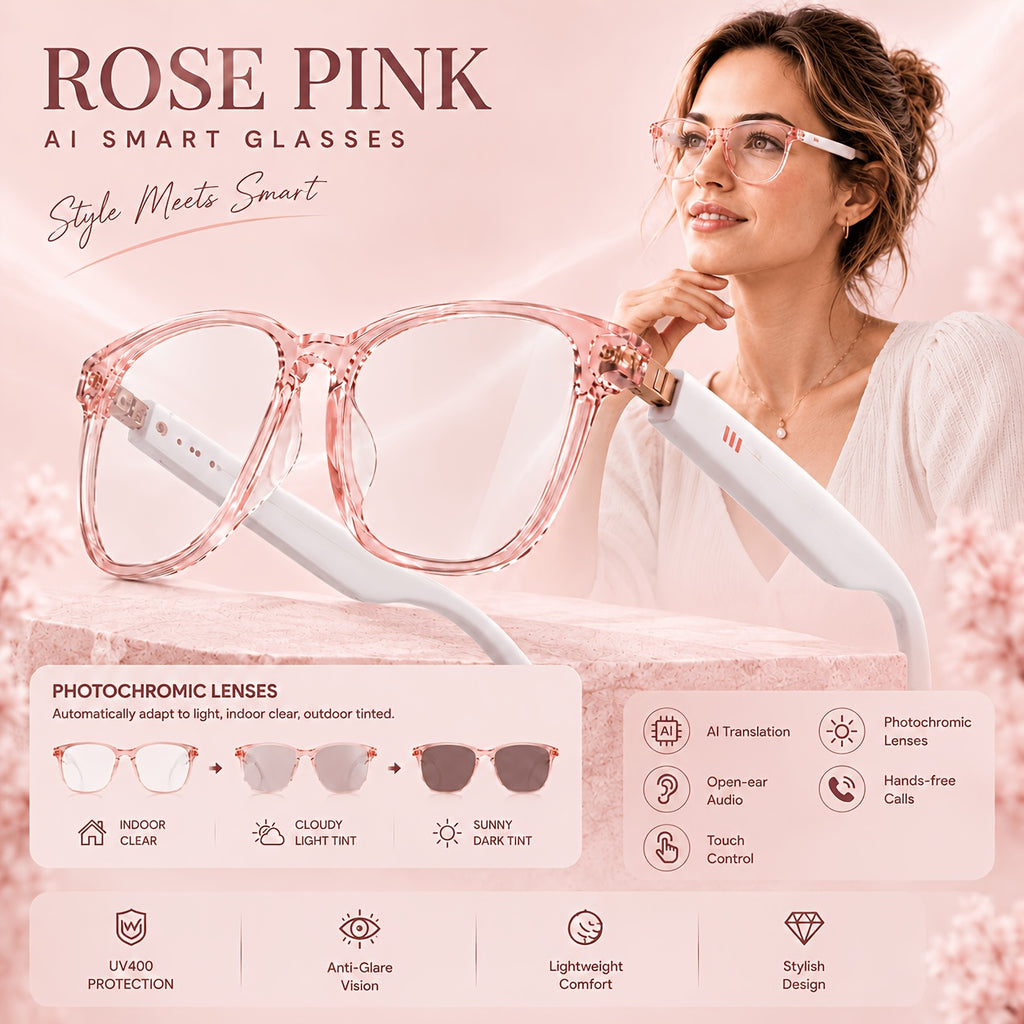 Open-Ear Translation Glasses and Smartwatch Set with Listed 160-Plus Language Functions, Music and Call Controls, Sleep and Activity Tracking, Four Style Labels