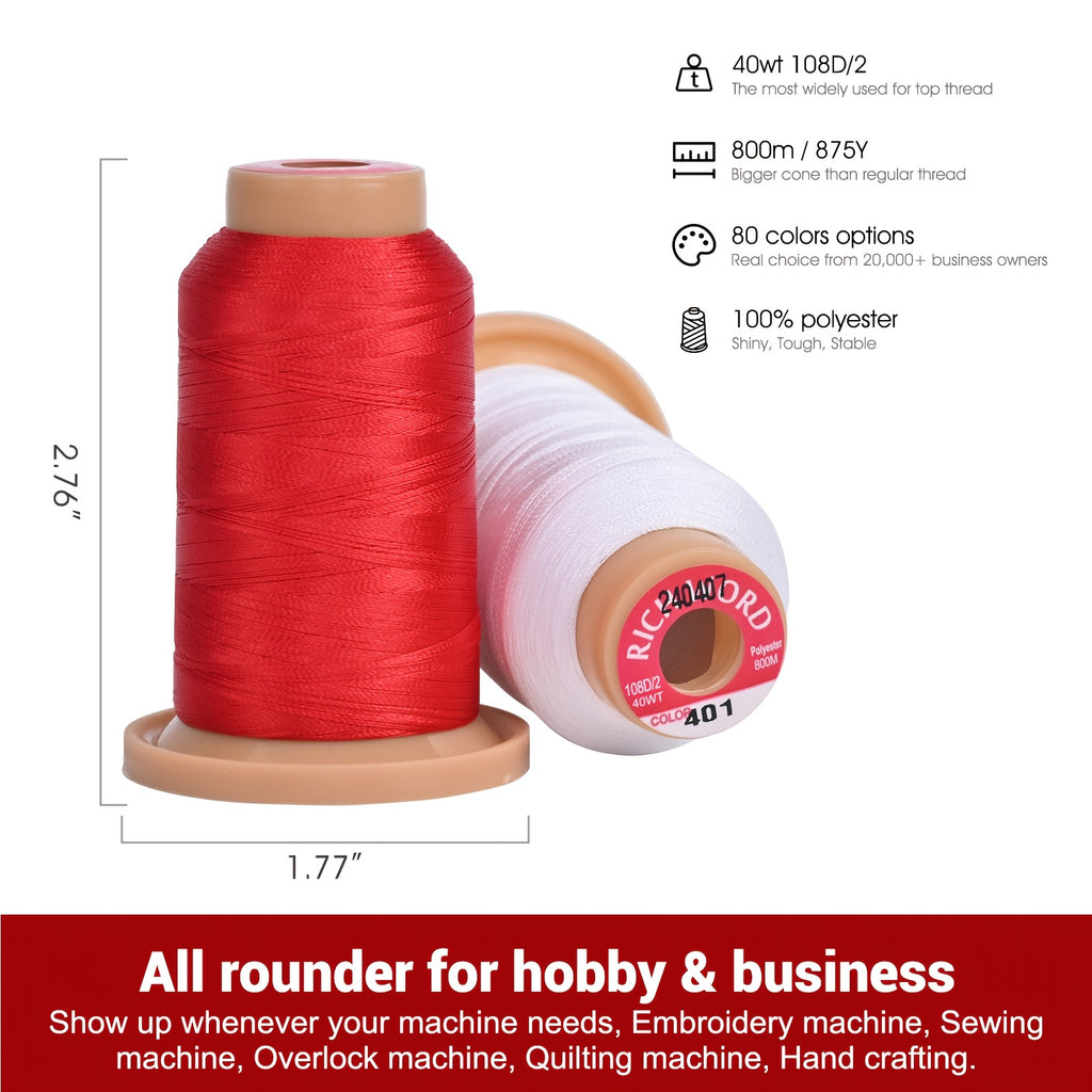 Polyester Embroidery Thread Set by RICHWORD with Listed 40WT 108D/2 Weight and 800M per Spool, 20, 40, 60 or 80-Piece Options for Compatible Sewing Projects