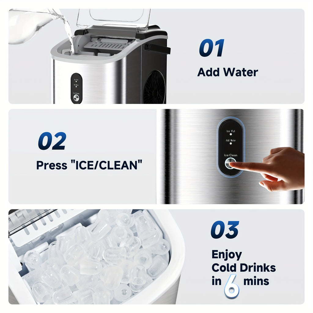 Carry-Handle Countertop Ice Maker with Bullet or Nugget Ice Option Labels, Self-Cleaning Wording, Basket and Scoop for Kitchen and Office Drink Preparation