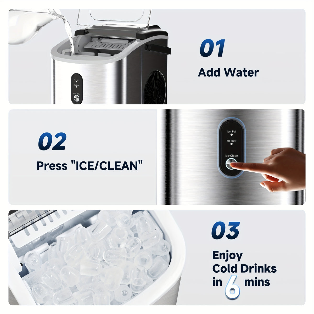Carry-Handle Countertop Ice Maker with Bullet or Nugget Ice Option Labels, Self-Cleaning Wording, Basket and Scoop for Kitchen and Office Drink Preparation