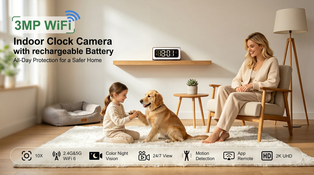 Wood-Grain Indoor Security Clock Camera with Listed 2K Video, Dual-Band WiFi, Color Night Vision, Motion Alerts, Rechargeable Battery and Optional microSD Storage