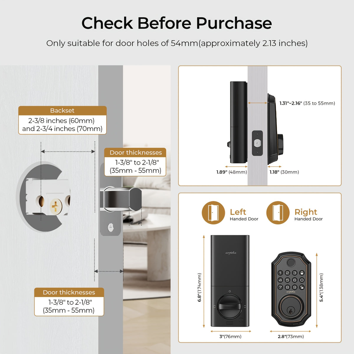 Electronic Deadbolt and Handle Set by ARPHA, Black Keyless Entry Door Lock with Listed 100 Codes, One-Time Password and Auto-Lock for Compatible Doors