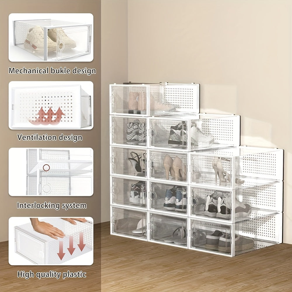 Interlocking Shoe Storage Boxes with Clear Plastic Design and Lids, Stackable Collapsible Closet Organizers in Black, White or Grey for Sneakers and Footwear