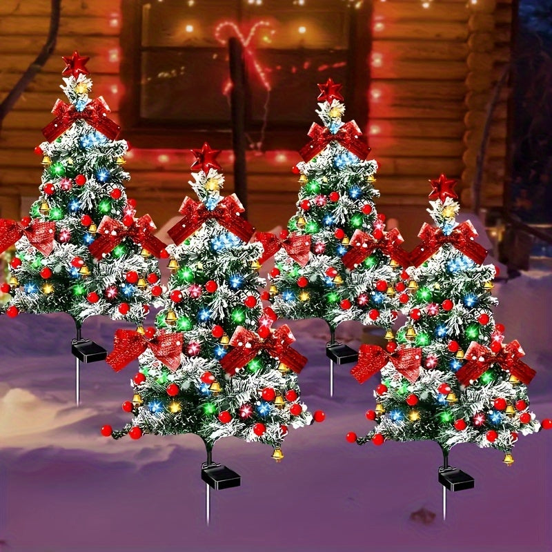 Cedar-Style Solar Holiday Tree Lights with Listed IP65 Rating and Star, Bow, Bell and Red Ball Decoration Wording, Two- or Four-Piece Labels for Lawn and Patio Decor