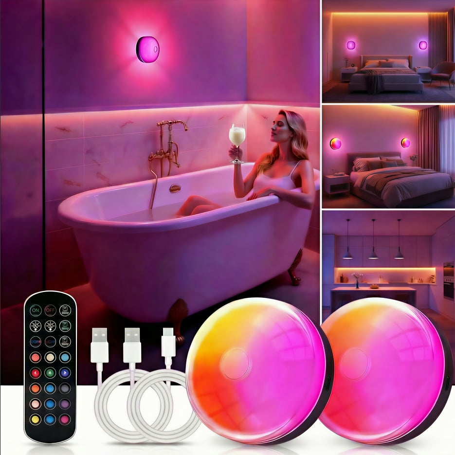 Rechargeable RGBW Mood Lights, 2 or 4 Pack with 15 Color Options, Cool White, Magnetic Mounting, Remote Dimming and Timer for Indoor Ambient Decor