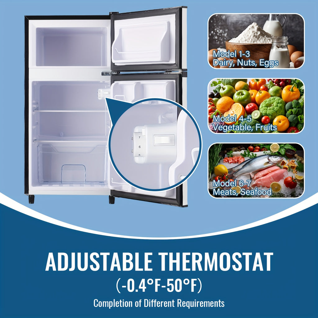 Two-Door Compact Fridge with Freezer, Silvery 2.5 or 3.5 Cu Ft Options with Seven-Level Thermostat and Removable Shelves for Dorm, Office and Bedroom Storage