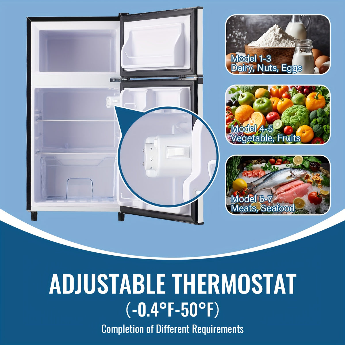 Two-Door Compact Fridge with Freezer, Silvery 2.5 or 3.5 Cu Ft Options with Seven-Level Thermostat and Removable Shelves for Dorm, Office and Bedroom Storage