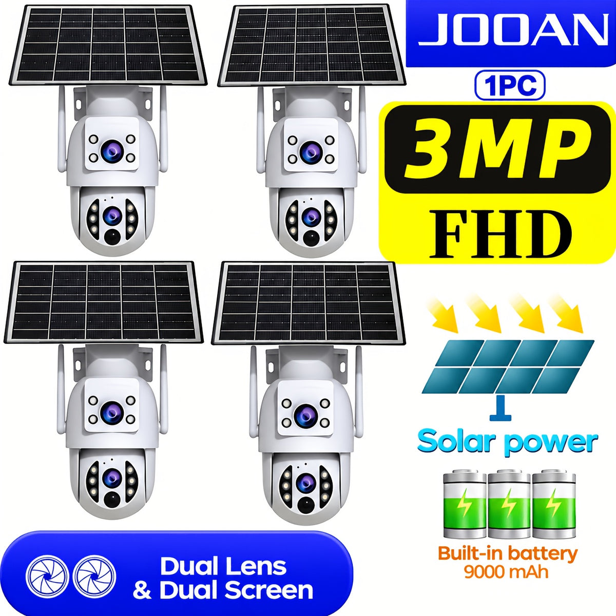 JOOAN RS3 Solar Security Camera with Dual Lenses, Listed 355° Auto-Tracking PTZ, 1296P Color Night Vision, Two-Way Audio and Rechargeable Battery