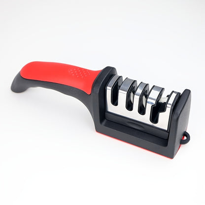4-Stage Knife Sharpener with Non-Slip Grip, Red and Black Kitchen Edge-Care Tool with Listed Tungsten, Diamond and Ceramic Abrasives for Compatible Knives