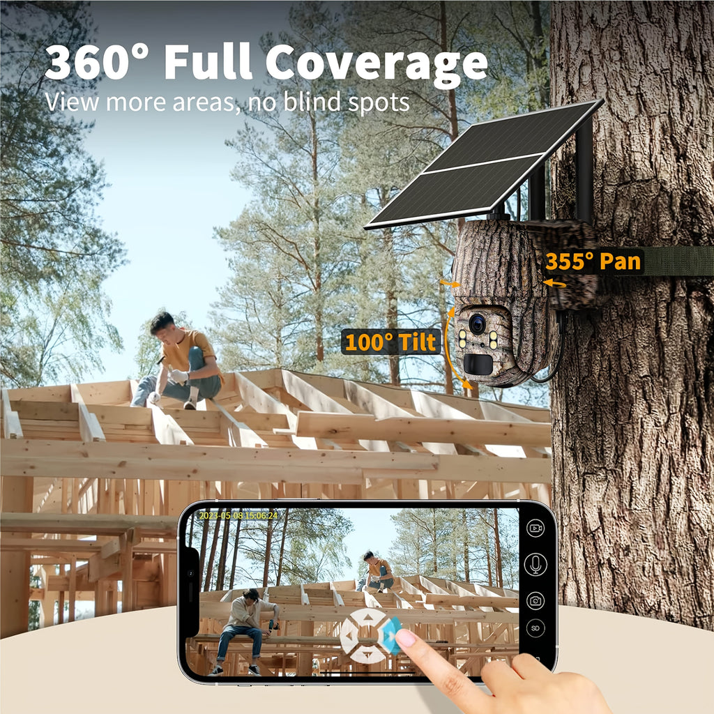 2K Cellular Trail Camera with Solar Panel and SIM Card, Listed 4G LTE Remote Pan Tilt, Spotlight Color Night Vision and Two-Way Audio in Camouflage One- or Two-Camera Packs