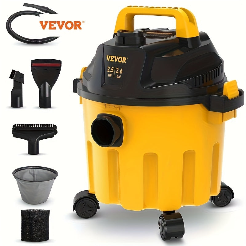 VEVOR 3-in-1 Portable Shop Vacuum 2.6 Gallon, 2.5 Peak HP Wet Dry Vac with Blowing Function and Attachments Storage, Lightweight Compact Vacuum Cleaner for Garage, Car Detailing, Workshop, Carpet, Upholstery and Home Cleanup, Black and Yellow