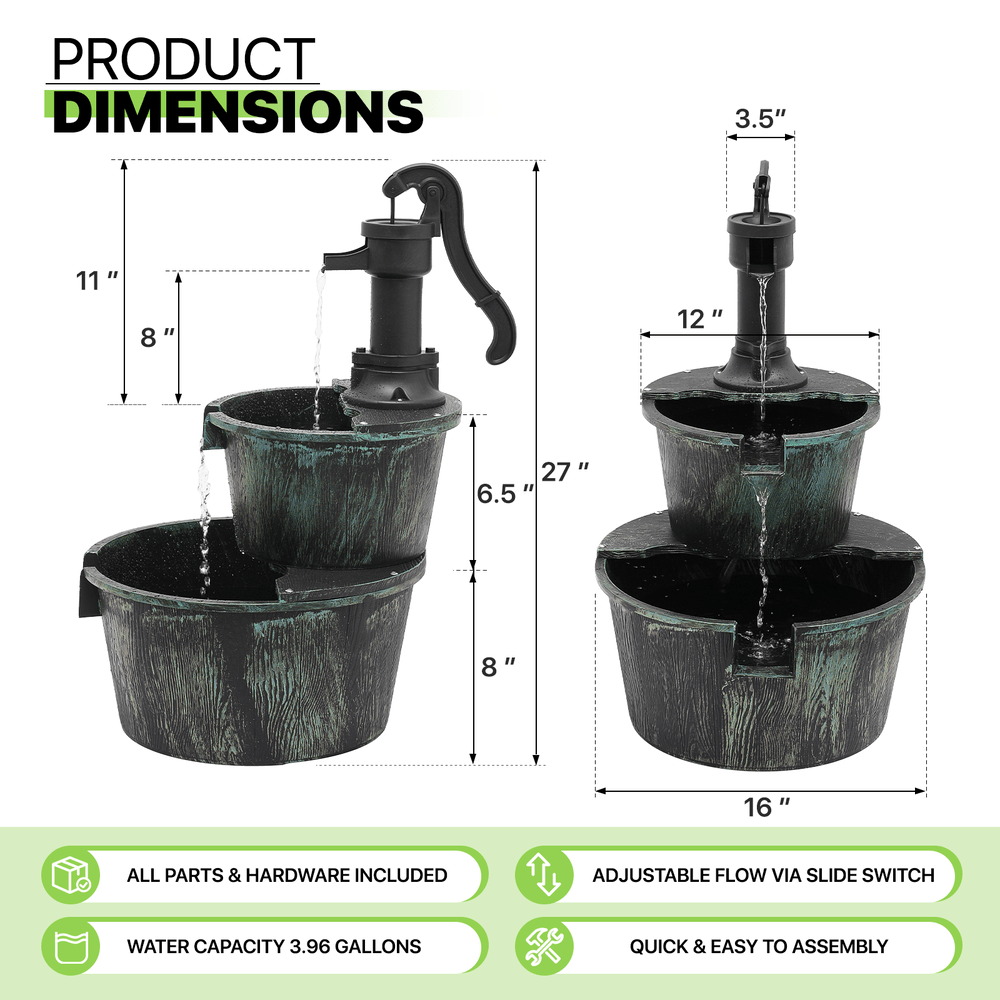 Outdoor Barrel Water Fountain, 27-Inch Two-Tier Rustic Waterfall with Listed 11L Capacity and IPX4 Rating in Dark Green or Bronze for Patio and Garden Decor