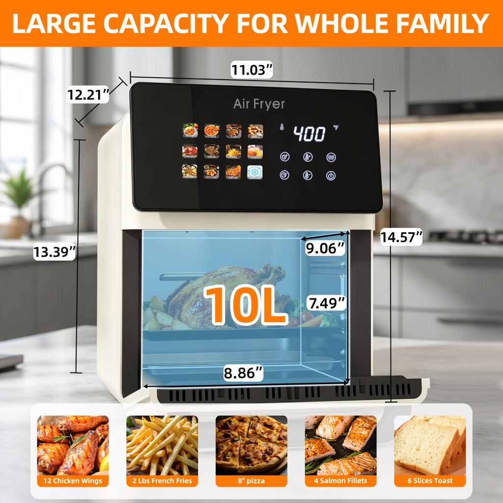 White Air Fryer Oven and Grill Combo with Listed 2.64gal Capacity, 12-in-1 Convection Cooking Design, Glass Viewing Window, Nonstick Basket and Removable Door