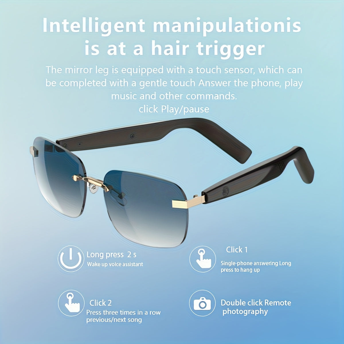 Touch-Control Wireless Audio Glasses with Listed Built-In Microphone, Music Playback and Hands-Free Calls in Gradient Blue, Gradient Purple or Brown-1