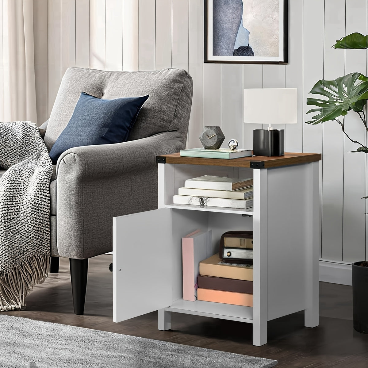 Farmhouse Nightstand by OAKSTEAD with Barn Door and Shelf, Five Colors and Single or Two-Table Packs for Bedside Essentials, Living Room and Entryway Storage