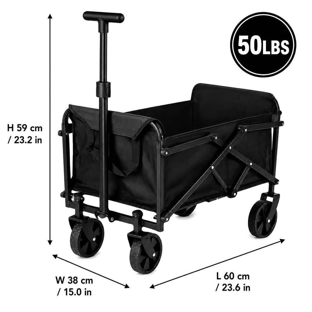 Small Folding Wagon in Black with 50LBS Model Label, Collapsible Utility Cart and Adjustable Pull Handle for Grocery, Garden Supply and Camping Gear Transport