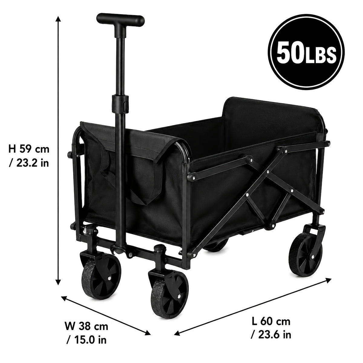Small Folding Wagon in Black with 50LBS Model Label, Collapsible Utility Cart and Adjustable Pull Handle for Grocery, Garden Supply and Camping Gear Transport
