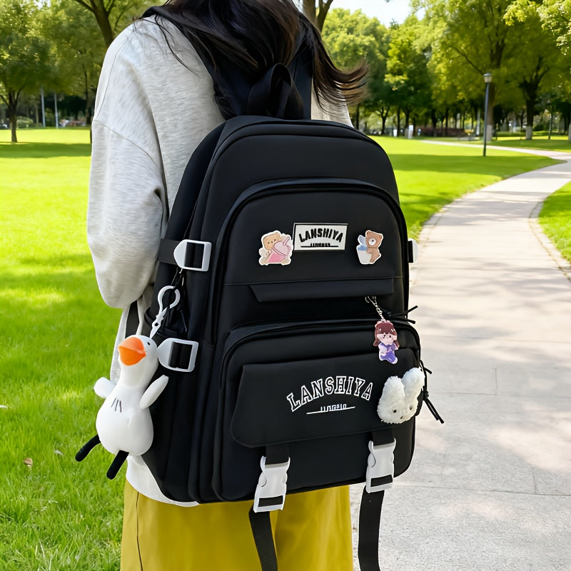 Solid-Color Canvas Backpack Set with Listed Five-Piece Format, Tote, Pencil Bag and Crossbody Wording, Four Pendant-Labeled Color Options for Student Daily Carry