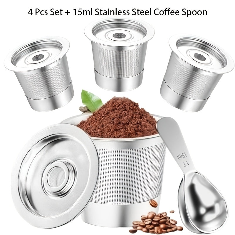 Reusable K Cups 4-Pack for Keurig, Stainless Steel Refillable Coffee Pods with Filters, Dishwasher Safe Universal Coffee Pods for Home Coffee Bar, Includes 15ml Coffee Spoon