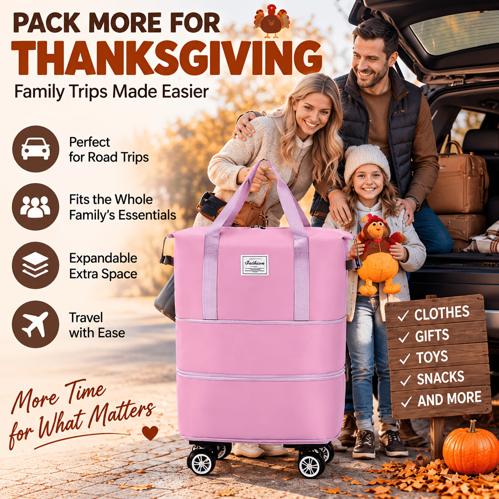 Three-Layer Expandable Travel Bag, Wheeled Clothing Duffel with Four Removable 360-Degree Wheels and Adjustable Pull Handle in Black, Pink, Blue or Purple