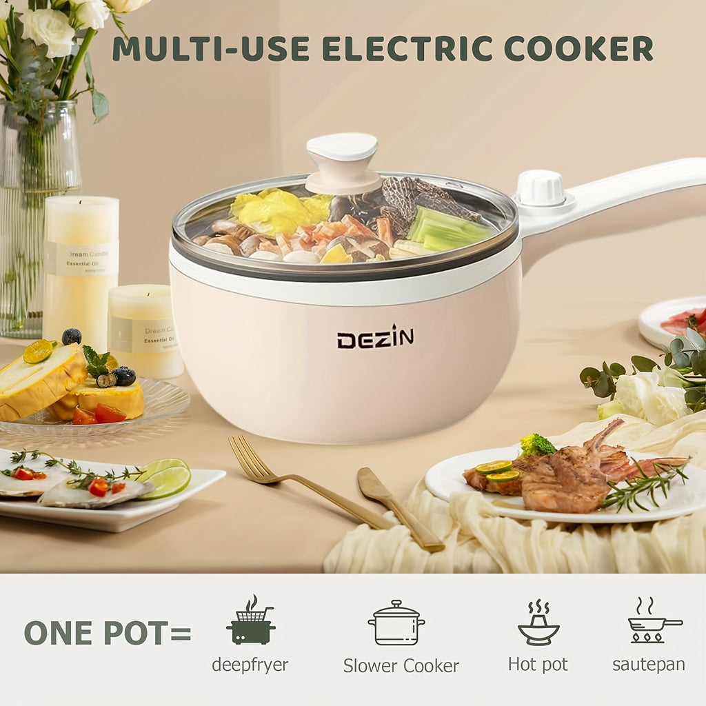Electric Hot Pot with Steamer and Listed 57.48oz Capacity, Portable Nonstick Mini Skillet with Adjustable Power in Beige or Green for Noodles and Kitchen Meals
