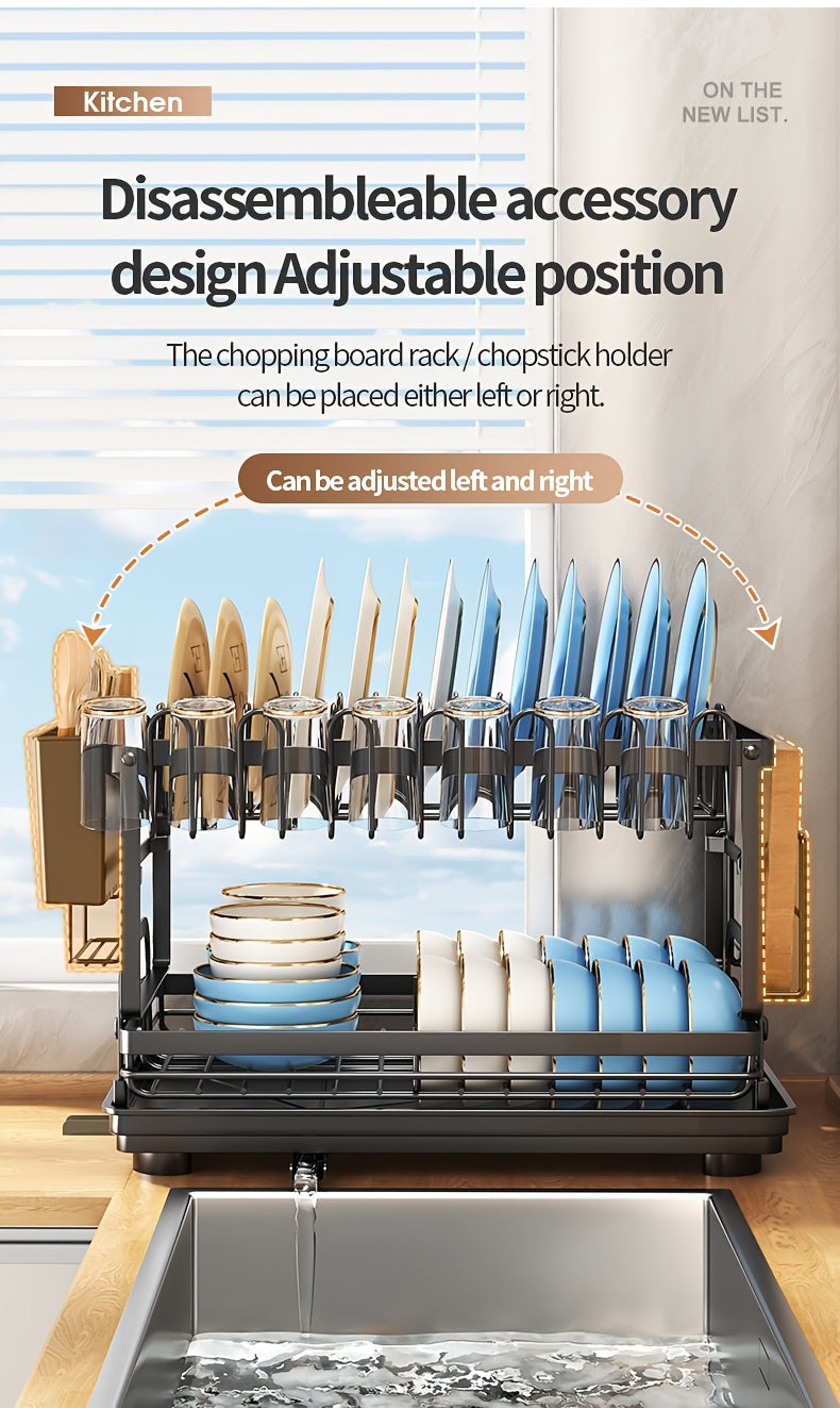 Metal Countertop Dish Rack for Kitchen Tableware Organization, Two-Tier Painted Rack Design with Utensil Holder Reference and Black, Dark Grey or Base Options