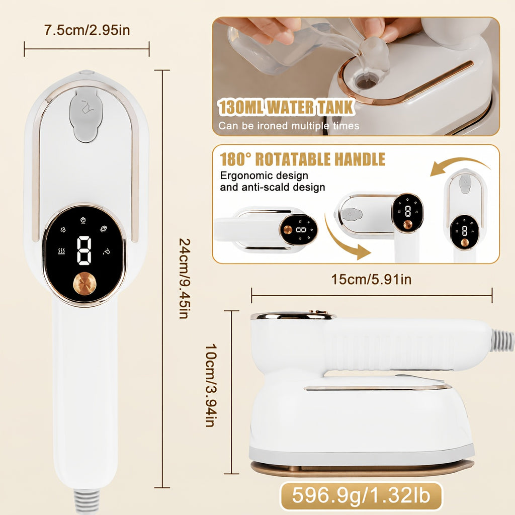 2-in-1 Travel Steam Iron with LCD Display, 1200W Foldable Mini Garment Steamer with 3 Steam Levels, Wet and Dry Modes for Wrinkle-Free Clothes at Home, Office and On the Go, 6oz Tank, White