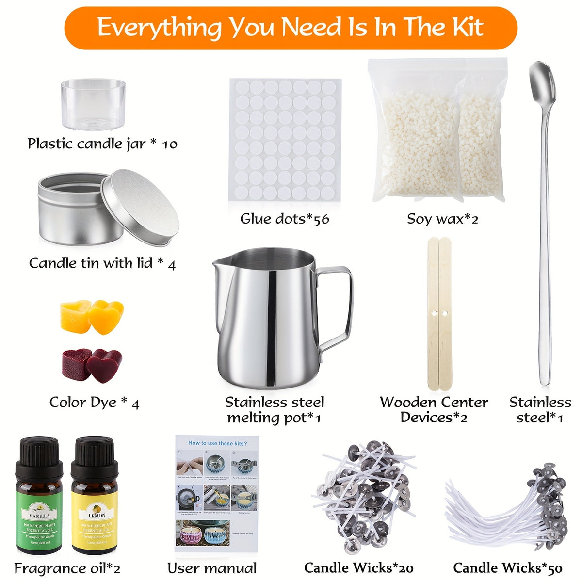 Candle Making Starter Kit with Listed Soy Wax, Essential Oil, Colored Wax Block, Pouring Cup, Spoon, Storage Jar and Wick for Adult Beginner DIY Candle Projects