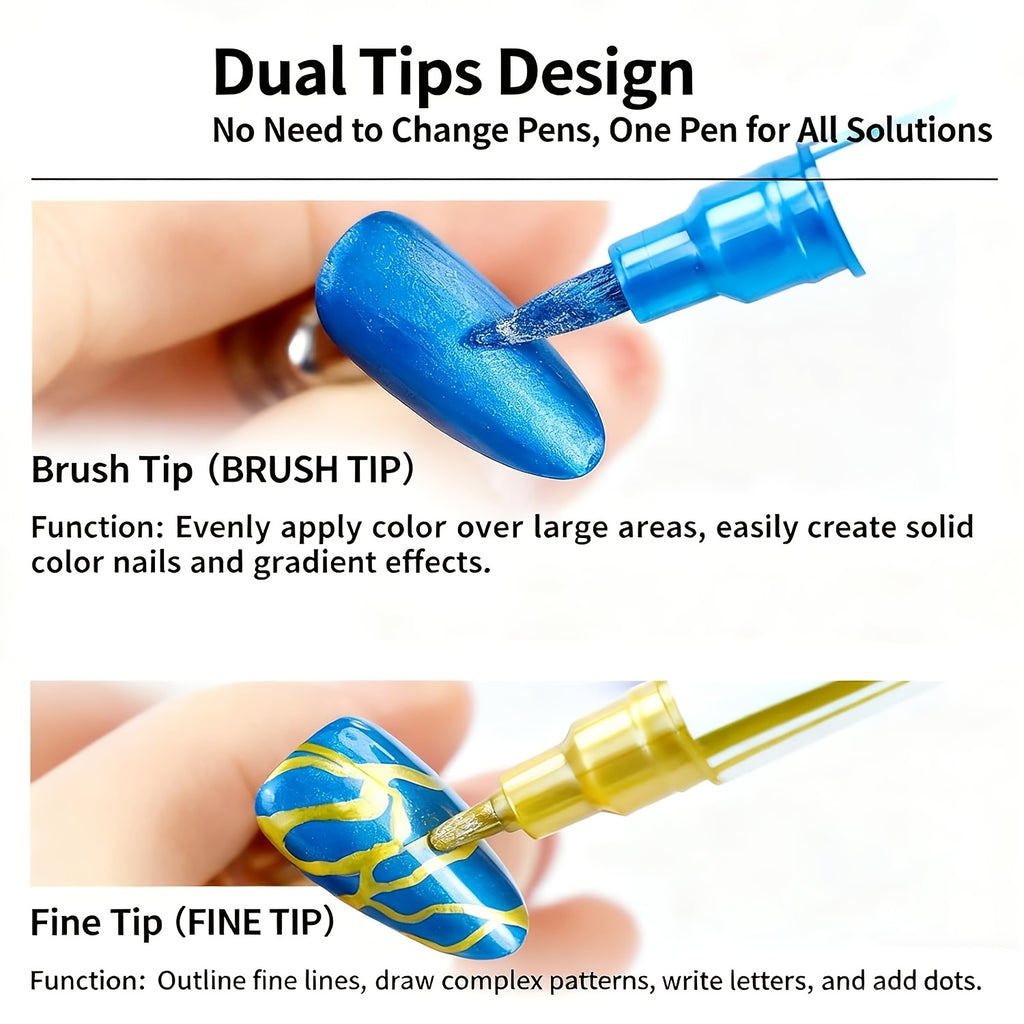 Metallic Nail Art Pens with Double-Ended Acrylic Paint Marker Design, 10-Color Quick-Drying Selection for Decorative Dots, Lines and DIY Home or Salon Manicures